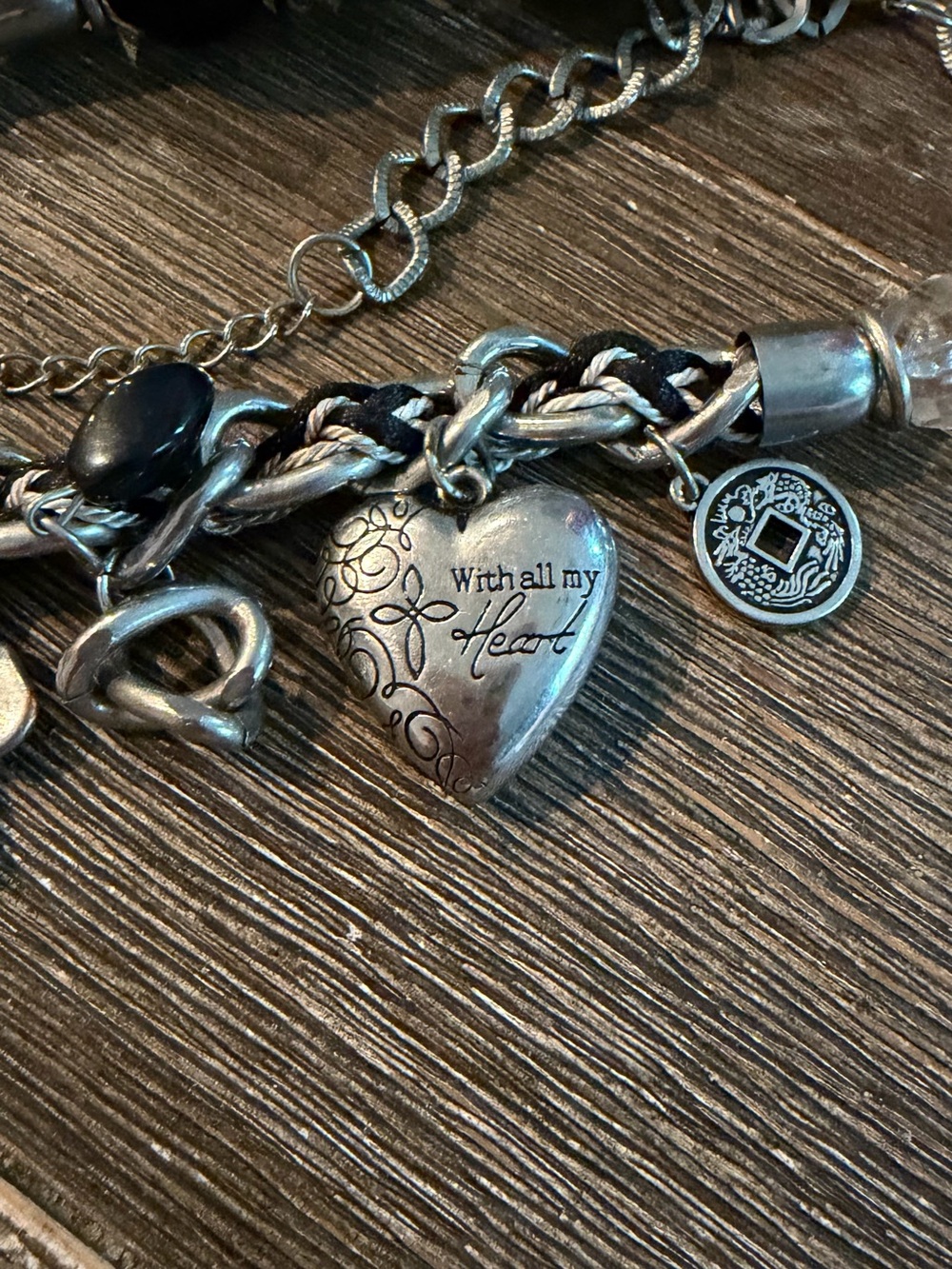 Chunky silver and black Charmed I'm sure  heart verse  Luke 10:27 necklace 21” - Picture 14 of 16